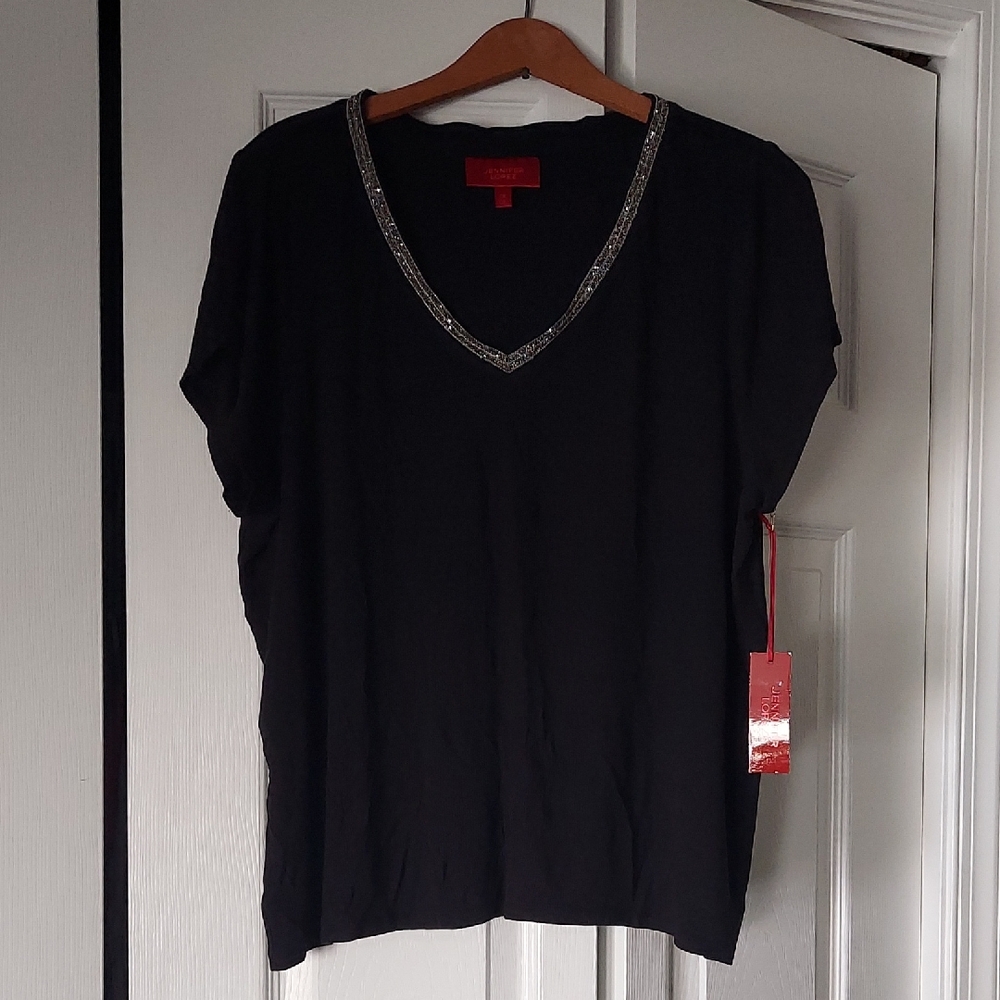 Jennifer Lopez Black V-Neck Tee with Silver Trim